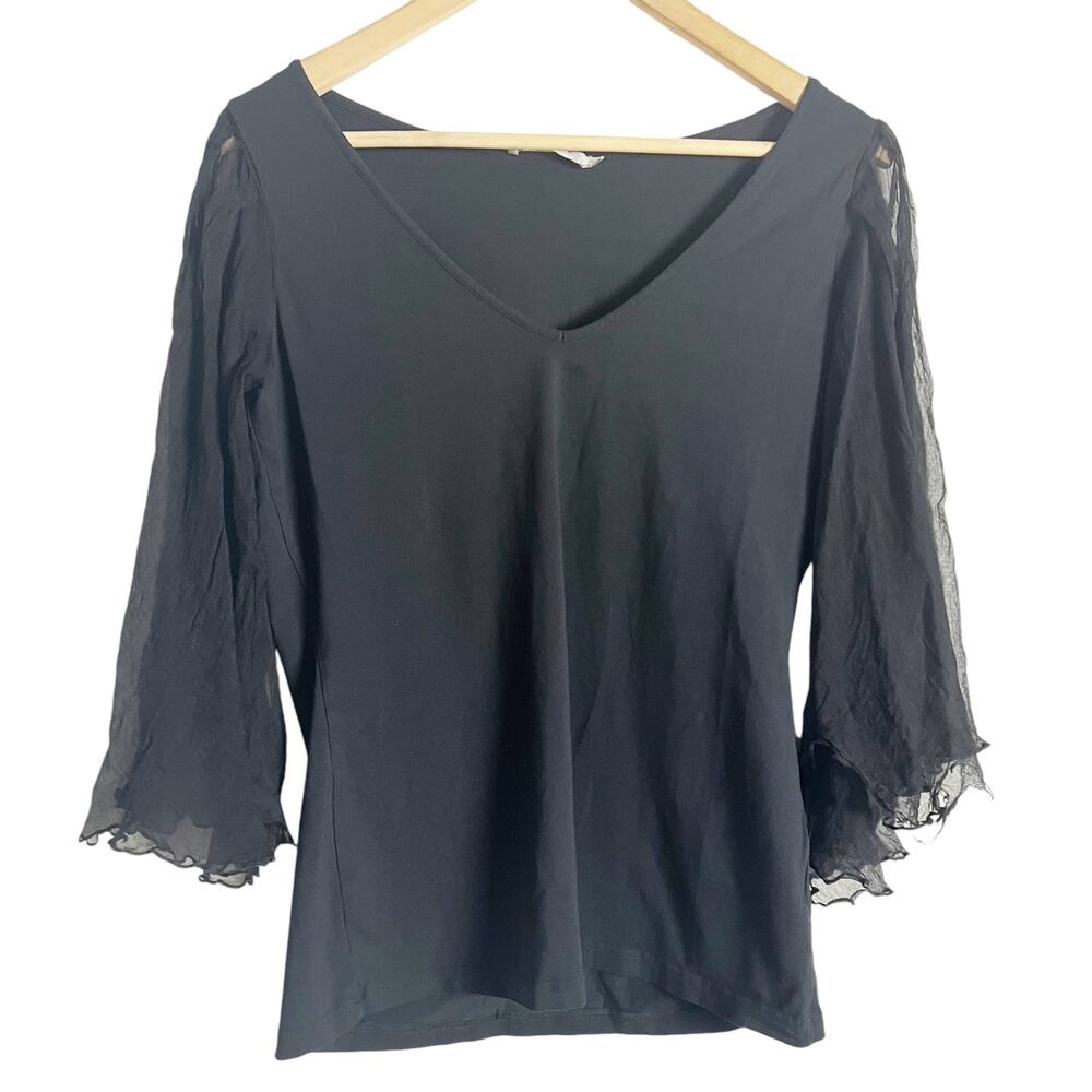 Anne Fontaine Black V-Neck Chiffon 3/4 Sleeve Flutter Blouse Size 10
